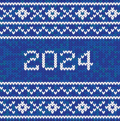 Knitted pattern with 2024. Scandinavian ornament on a blue background