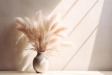 a vase of pampas grass against a white wall, in the style of muted, earthy tones, furry art, dreamy romanticism, light brown, rough clusters