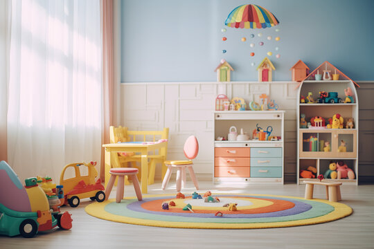 a cute baby’s playroom full of toys and decorative elements, color floor, color wall, color background, 