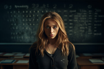 Fototapeta na wymiar female teacher standing in front of blackboard, detail, close up, photo,