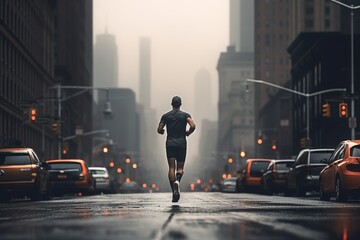 Caucasian man in athletic wear is running through the streets of New York