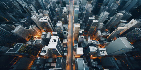 A bird's eye view of the busy streets and tall buildings. Generative AI