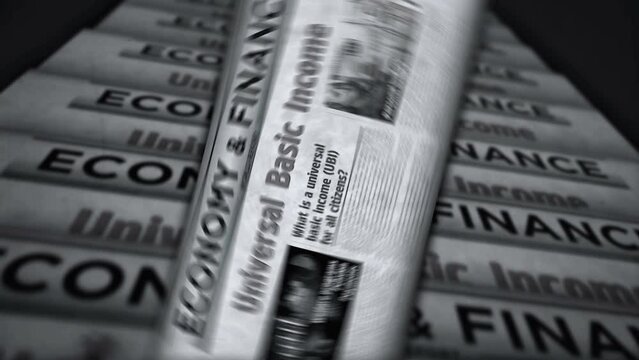 Universal basic income citizens salary payment and social redistribution vintage news and newspaper printing. Abstract concept retro headlines 3d.