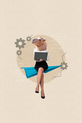 Vertical unsusual creative composite photo collage of woman with camel head sit hold laptop send...