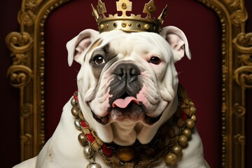 Regal touch on cute white bulldog with gold crown, red velvet