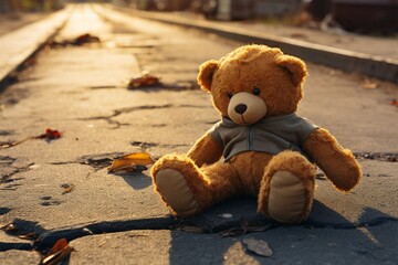 Street scene, a lone, lost teddy bear, evoking nostalgia