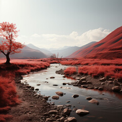 A scenery with a shiny texture in ruby red
