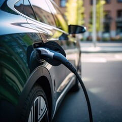 Close up details of electric car charging in urban city life. EV charging on street electric power supply station with power cable. Eco power, EV, concept. green energy,