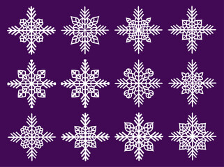 Snowflake icons set. Snowflake symbols. Snow icon.Set of snowflakes. Laser cut pattern for christmas paper cards, design elements, scrapbooking. Vector illustration.