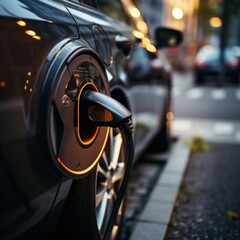 Close up details of electric car charging in urban city life. EV charging on street electric power supply station with power cable. Eco power, EV, concept. green energy,