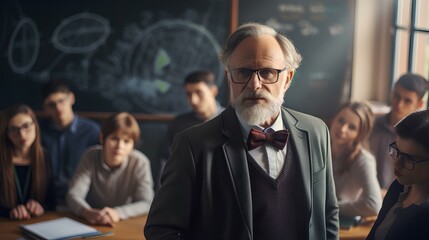 Professor in the audience against the background of students and a chalkboard.