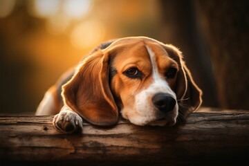 Tranquil scene, a seasoned beagle rests with head resting on paws