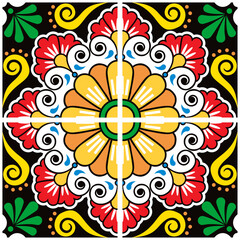 Mexican talavera vector tile design set - colorful seamless patterns with flowers and swirls on black background
