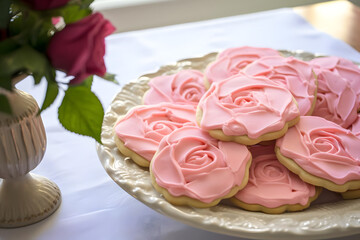 Rose Cookie, floral baked treat on a platter
