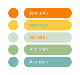 Orange, yellow, green and blue color palette, vibrant colors catalog, color matching, RGB, CMYK colors, harmonious colors palette sample, design and edit idea, with hex code