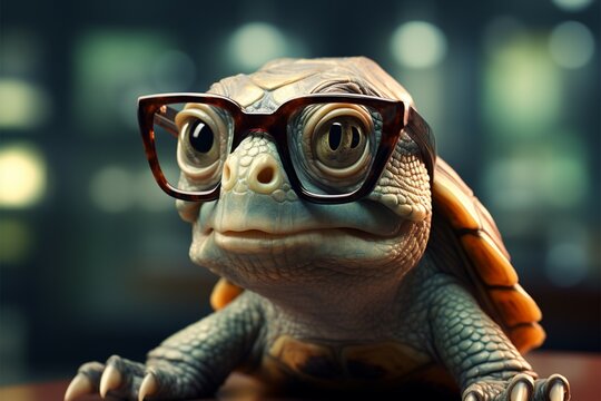Wise green turtle in glasses, blurred background, humorous intelligence personified