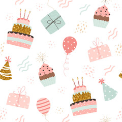 Happy birthday pattern. Cakes, balloons, gifts and party hats. Festive background in simple style, vector illustration