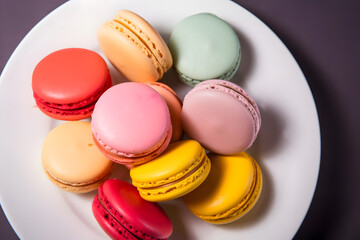 Fototapeta na wymiar Macaron, delicate almond pastry in vibrant hues on a plate