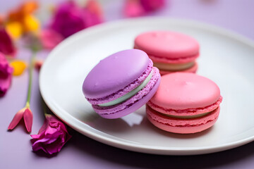 Obraz na płótnie Canvas Macaron, delicate almond pastry in vibrant hues on a plate