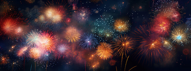 Fireworks in the night sky, new year wallpaper. AI