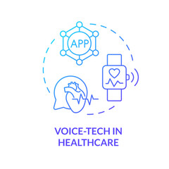 2D voice-tech in healthcare thin line gradient icon concept, isolated vector, blue illustration representing voice assistant.