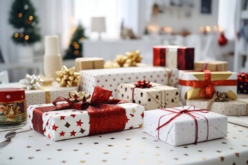 Obraz na płótnie Canvas Wrapping paper and christmas presents on a white table