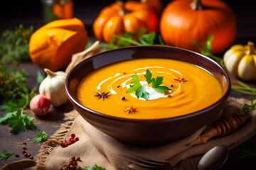 Pumpkin soup. Autumn dinner with healthy vegetable soup