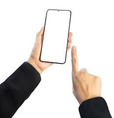 Female hand holding a smartphone and touching to smartphone . Businesswoman uses smartphone to communicate for business isolate on white with clipping path.