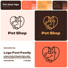 Pet store brown line business logo. Brand name. Pet accessories. Dog silhouette in heart symbol. Design element. Playful visual identity. Dela gothic one font used. Suitable for puppy toys, dog walker