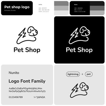 Pet supplies monochrome line business logo. Brand name. Puppy training. Dog silhouette with lightning symbol. Design element. Visual identity. Nunito font used. Suitable for dog class, vet clinic