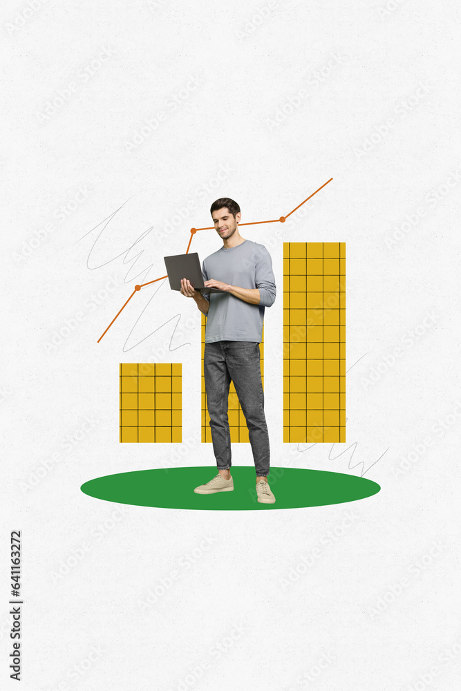 Poster Poster collage image of handsome happy man worker use netbook earn money analyzing bitcoin rate isolated on drawing creative background