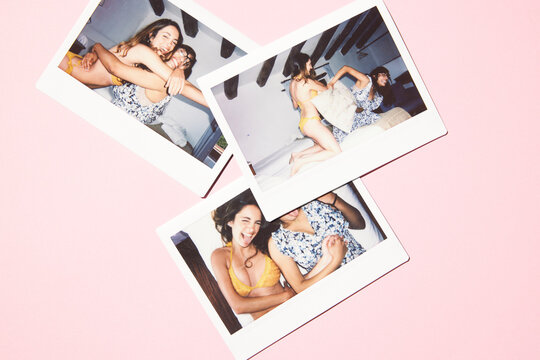 Friends having fun at home during summer. Polaroid portraits on a pink background. Overhead