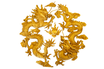 golden dragon on a white background carved from wood painted gold Suitable for artwork related to Asia and China.