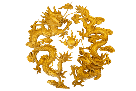 golden dragon on a white background carved from wood painted gold Suitable for artwork related to Asia and China.