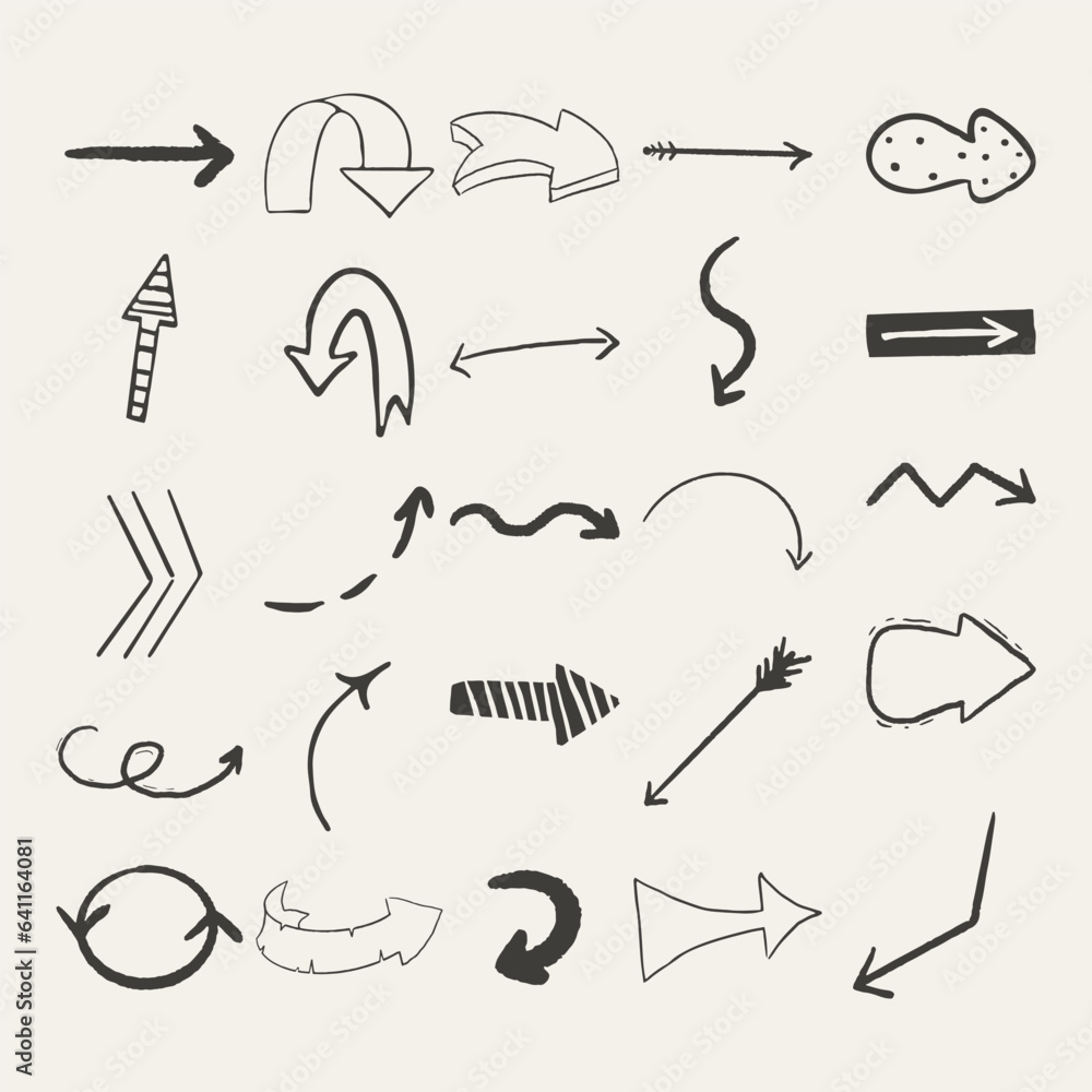 Wall mural set arrow pointer ink lines, textured shapes hand drawn decorative elements in doodle style isolated