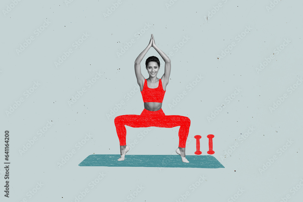 Sticker composite creative illustration photo collage of healthy thin positive woman training make asana at 