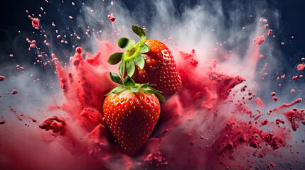 Fresh strawberries with colorful powder paint explosion