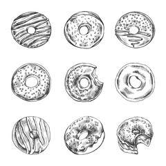 A hand-drawn sketch of a set of donuts. Top view. Vintage illustration. Pastry sweets, dessert. Element for the design of labels, packaging and postcards.