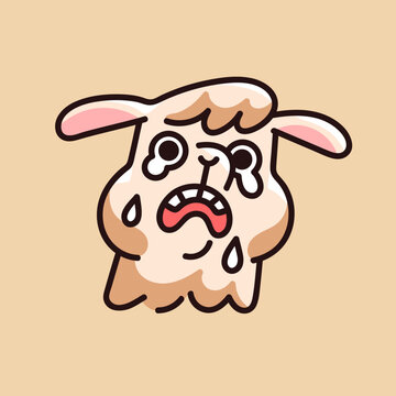 Crying animal face with tears in panic. Sad sheep cry, scream. Scared, upset cute alpaca muzzle. Fluffy weeping lama head. Emotion and expression, childish sticker. Flat isolated vector illustration