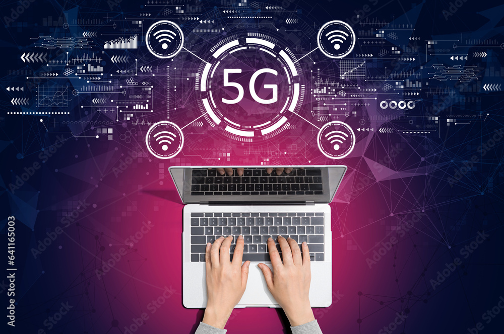 Aufkleber 5g network with person using a laptop computer