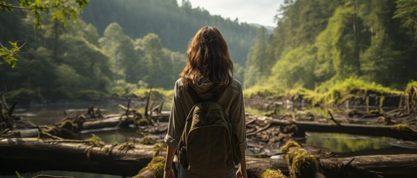 Back View Photograph Of A Female Travel In Casual Clothes Balancing On Fallen Tree Trunk While Walking Along Forest