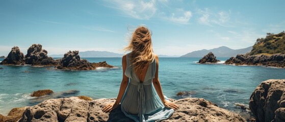 back view photograph of a female travel instagram influencer sitting on stone beach