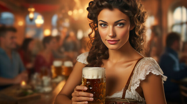 Portrait of a young and beautiful woman drinking from a beer mug. Oktoberfest in Munich.