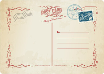Christmas antique postcard, retro postage stamp on vintage mail, vector background. Merry Christmas winter holiday vintage postcard, greeting airmail letter with mail postage on grunge old paper