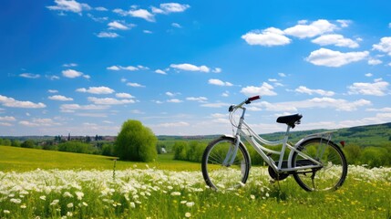 Beautiful spring summer natural landscape with a bicycle on a flowering meadow blue sky with clouds on a bright sunny day