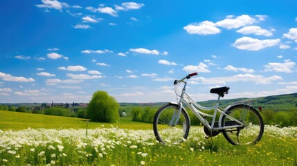 Fototapeta premium Beautiful spring summer natural landscape with a bicycle on a flowering meadow blue sky with clouds on a bright sunny day
