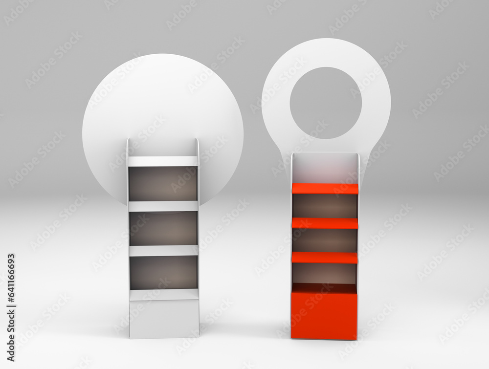 Poster pos floor stand display with circle motif, blank empty advertisement stand mock up, 3d rendering