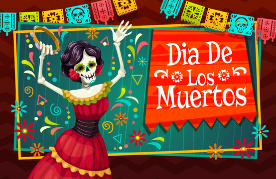 Catrin calavera on dia de los muertos day of the dead mexican holiday banner. Vector greeting card for latin Halloween celebration with female skeleton wear red dress dancing flamenco with tambourine