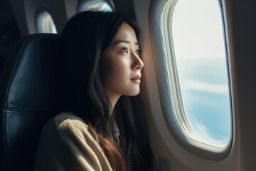 Photo of Woman looking out of window sitting in airplane
