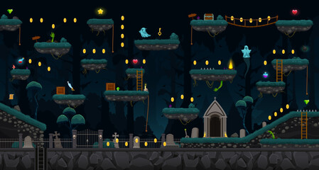 Arcade Halloween night cemetery game level map interface with platforms and ghosts, vector background. Halloween arcade game stairs and coins, tomb stones and grave with ladders and jump platforms © Vector Tradition